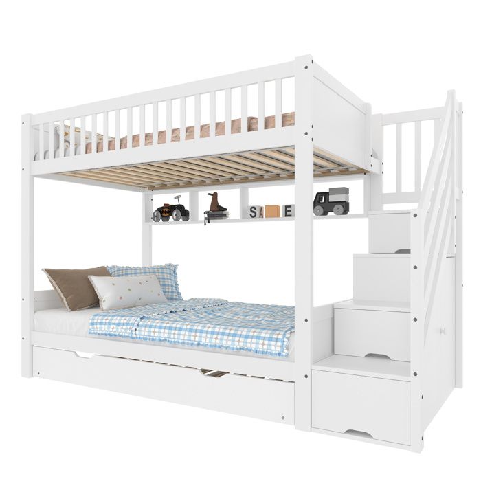 Lit Enfant Blanc 90x200cm avec Lit Gigogne Étagère Armoire et Rangement Intégré Sans Matelas