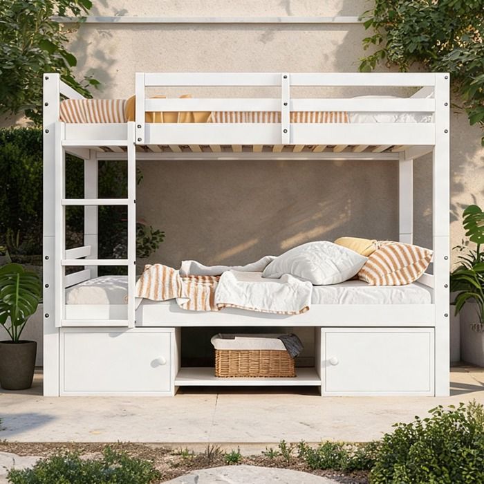 Lit superposé 2x90x200 cm avec rangements intégrés bois massif et MDF blanc classique