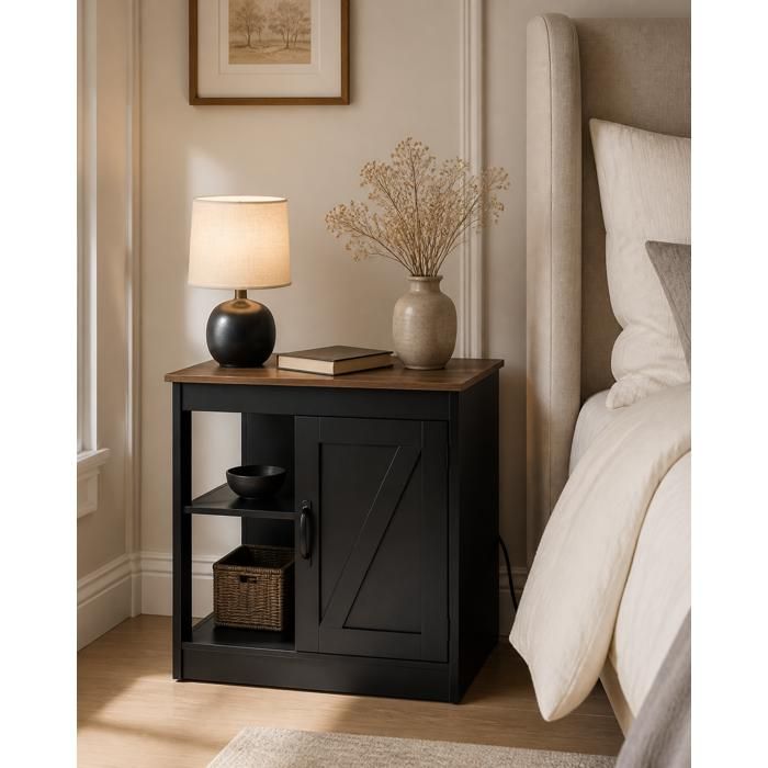 Table de chevet - PAGE LIVING - PAGE Living - Station de charge (CA USB Type‑C) - Étagères réglables - Façade style grange