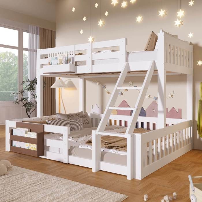 Lit superposé 90 x 200 cm et 140 x 200 cm Lit enfant 2 places avec barrière de sécurité échelle et compartiments de rangement Blanc