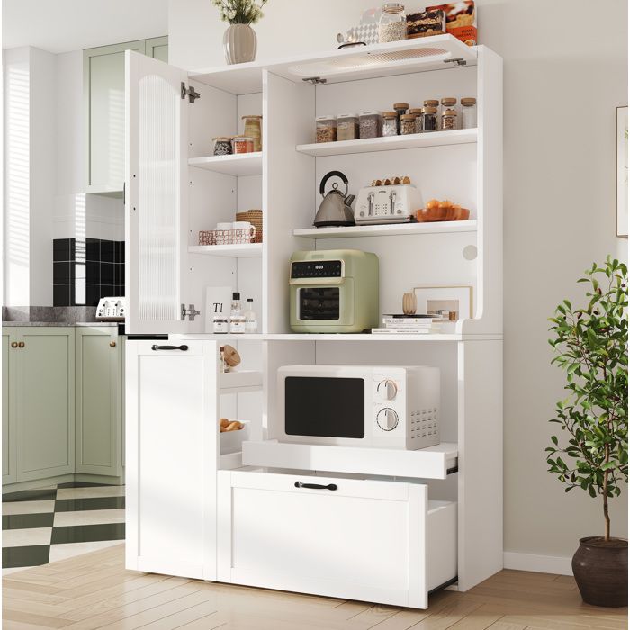 Buffet de cuisine blanc en MDF avec portes vitrées étagères réglables tiroir et rangements ouverts