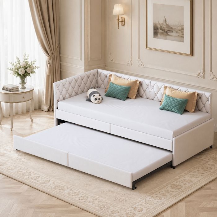 Canapé lit gigogne 90x200 cm - Lit capitonné extensible avec sommier à Lattes - Canapé lit convertible pour salon - Velours beige