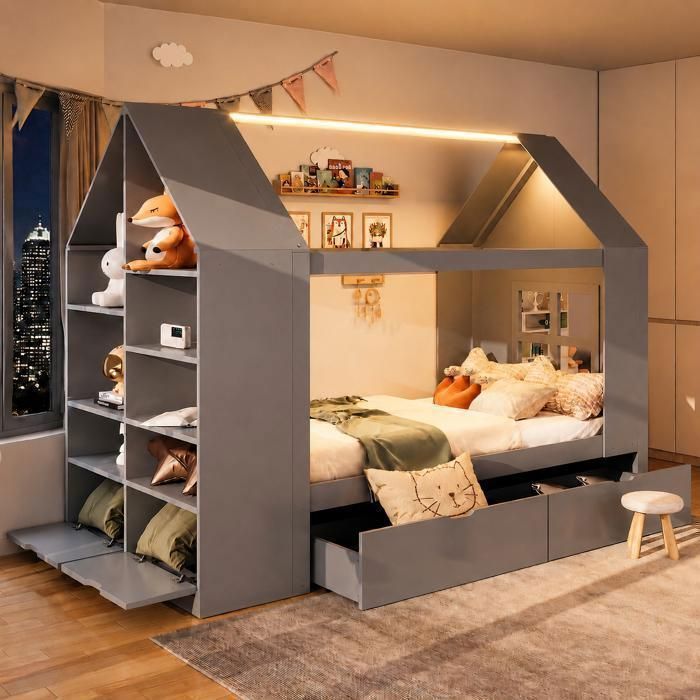 Lit Enfant 90x200 cm - Lit cabane - Lit Simple avec rangement -avec 2 tiroirs et LED - avec Sommier à Lattes -gris