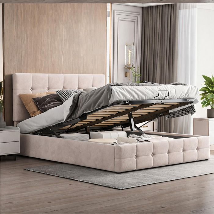 Grand lit plateforme 140x200 cm en velours clean white avec coffre hydraulique tête réglable et sommier métallique