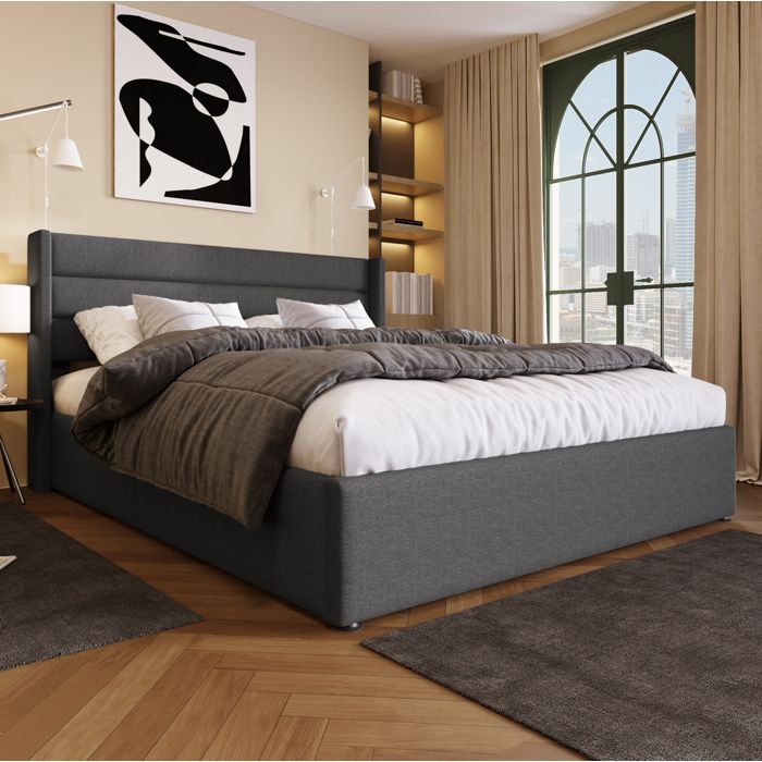 VEVXYN lit adulte coffre rangement lit double 160 x 200 cm hydraulique en lin gris tête rembourrée et lattes bois