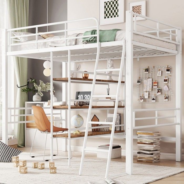 Lit mezzanine - PAGE LIVING - 90x200 - Bureau intégré et étagères - Structure métal blanc
