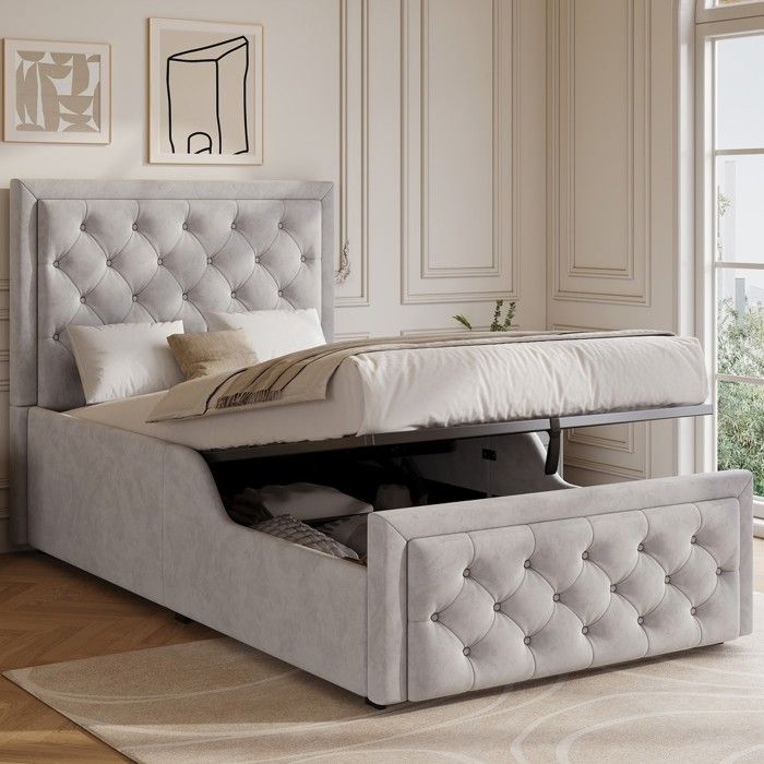 Lit enfant - PAGE LIVING - 90x200 - Coffre hydraulique - Tête capitonnée velours - Gris