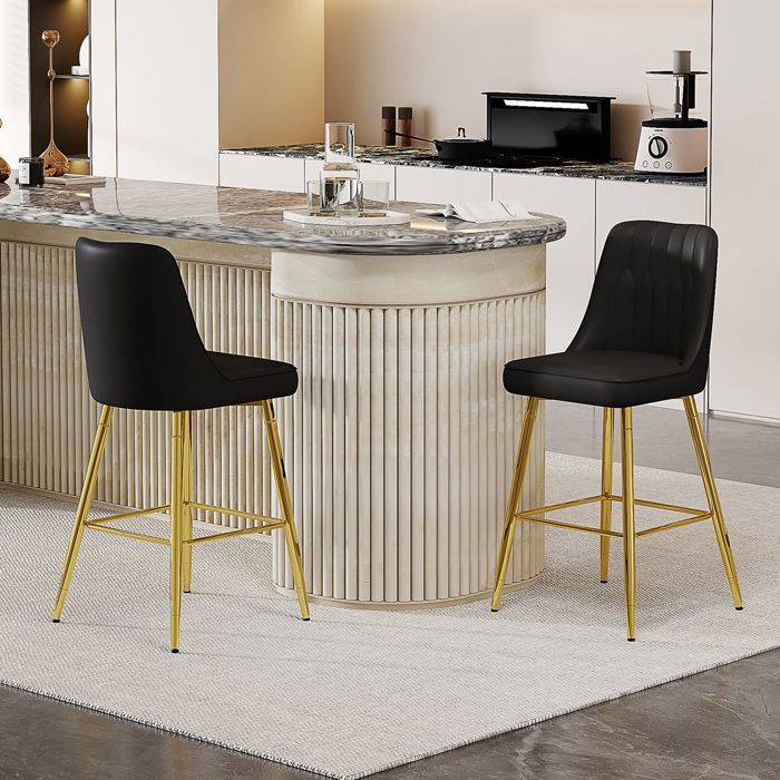Tabouret de bar - SOGEU - Hauteur 100 cm - Simili cuir noir - Structure métal doré - Repose-pieds confortable