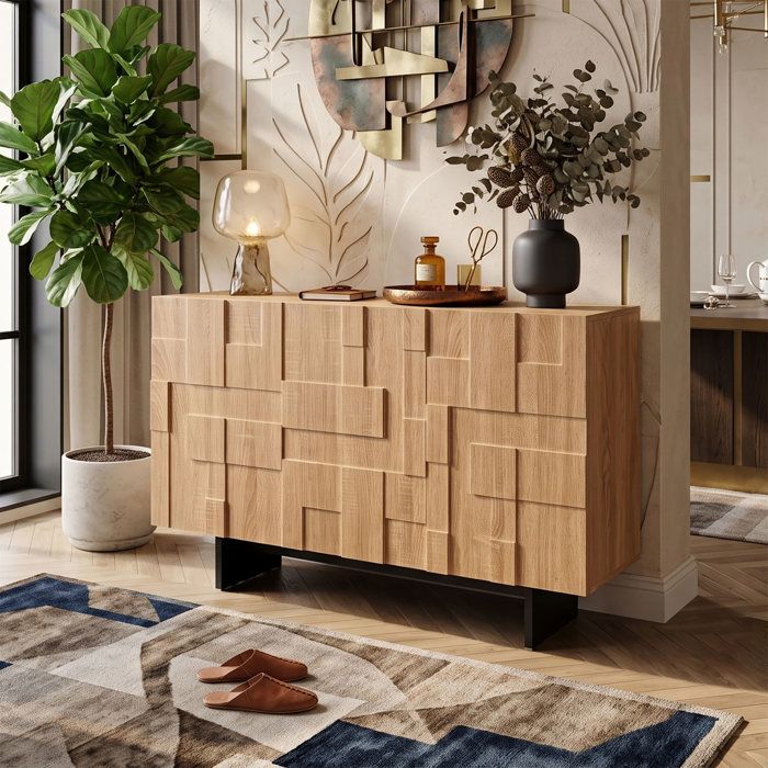 Buffet Bas 105 cm Grand Rangement Enfilade 3 Portes - Design Soigné Effet Bois et Noir - Étagères Modulables - Style Moderne