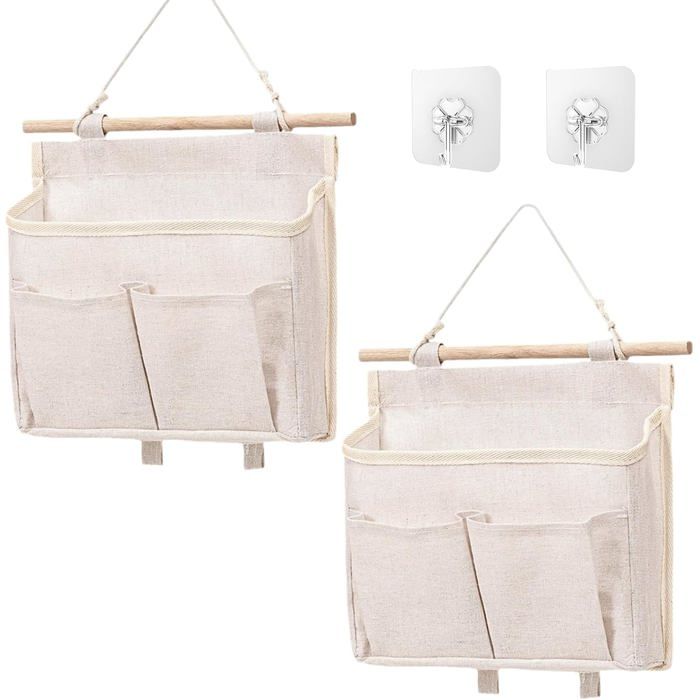 2 Pièces Rangement Suspendu Mural Poche Tissu Lin Pliable Vide Poche Suspendre Chambre Bureau SDB (Beige)