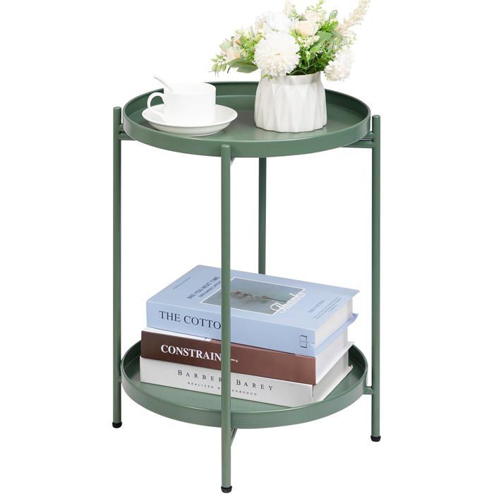 Table dappoint ronde 2 étages métal vert 37 x 48.5 cm - plateau amovible intérieur extérieur