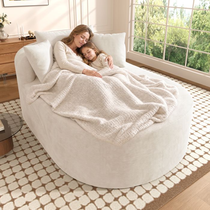 Fauteuil relax ovale 1 place 170x112 5x83 cm canapé lounge compact sans montage mousse à rebond velours côtelé beige