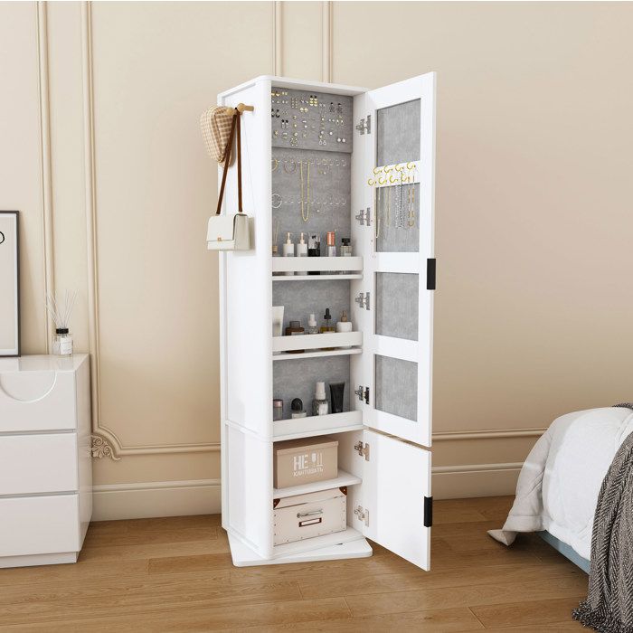 Armoire Miroir Pivotante 4 En 1 Blanche MDF Meuble De Rangement Design FloraGrace Pour Chambre Rotation 360° 50x50x170cm