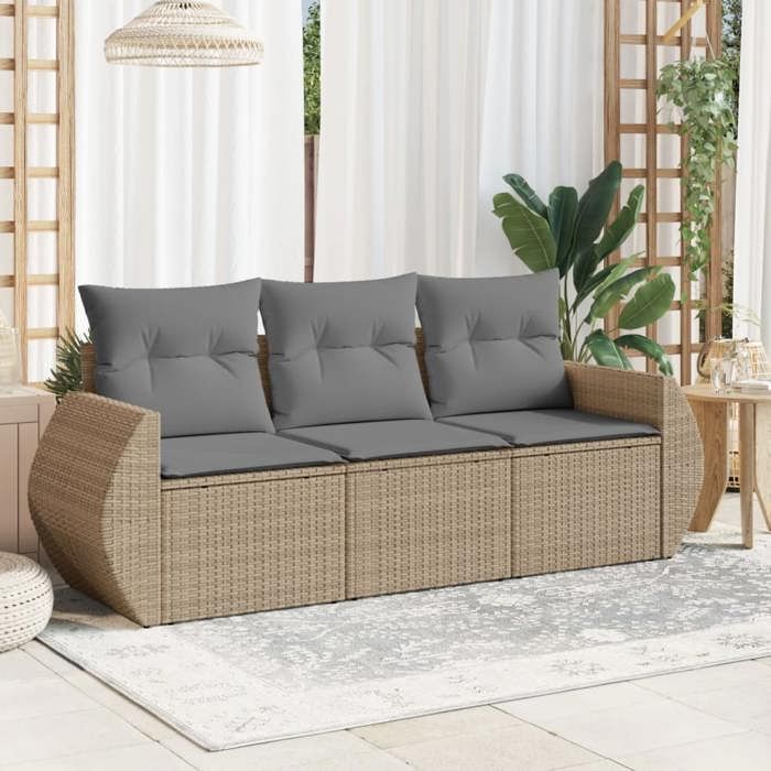 Meuble - vidaXL - Salon de jardin avec coussins 3 pcs - Pour Salon Balcon - résistante à leau - beige résine tressée