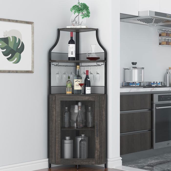 Meuble bar d’angle style industriel 5 niveaux - casier à bouteilles amovible - porte-verres - grand rangement - 47 x 34 x 154 cm