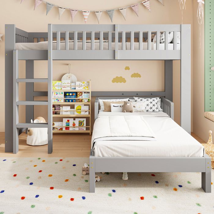 Lit Enfant Mezzanine 90x200 cm avec Lit Superposé Modulable Barrière de Sécurité et Bois Massif - Gris