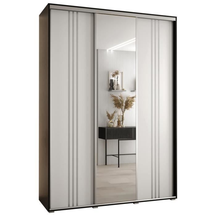 ABIKSMEBLE Davos 10 140 Armoire à Deux Portes Coulissantes pour Chambre à Coucher - Moderne Armoire de Rangement avec Tringle et Étagères - 235,2 x 140 x 60 cm - Blanc Blanc Noir