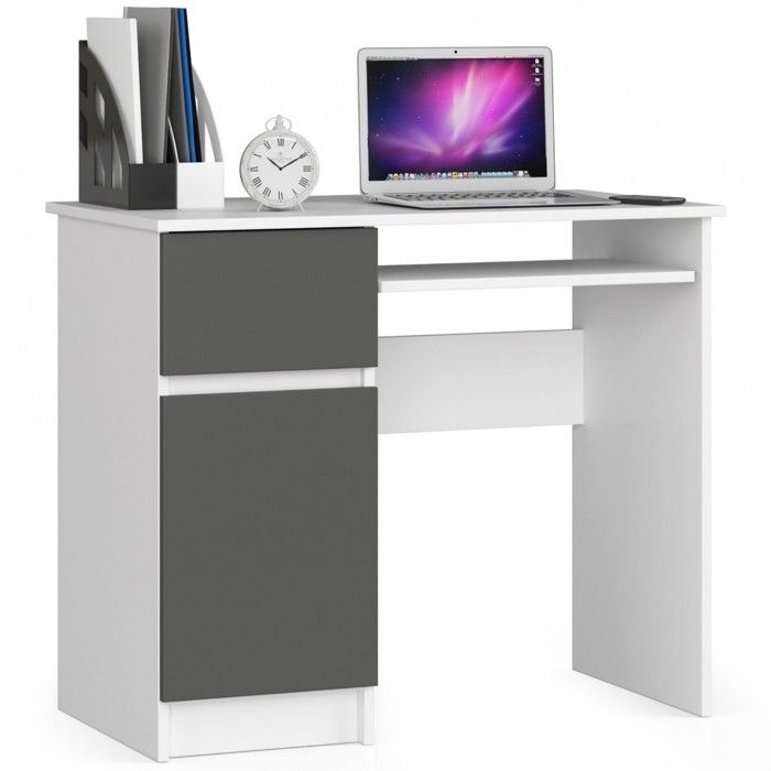 Bureau dordinateur AKORD gauche PIKSEL Blanc 90 cm 1 porte 1 tiroir façade Gris Graphite 3 étagères 90x50x77 cm