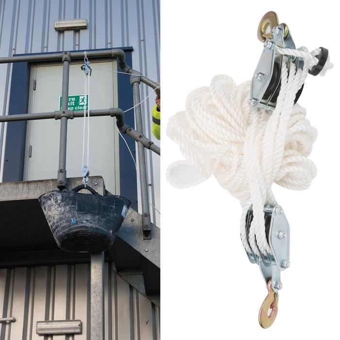 Système De Poulie De Levage 2000kg - Corde Nylon 20m - Hauteur 2.5m - Crochet Acier Galvanisé