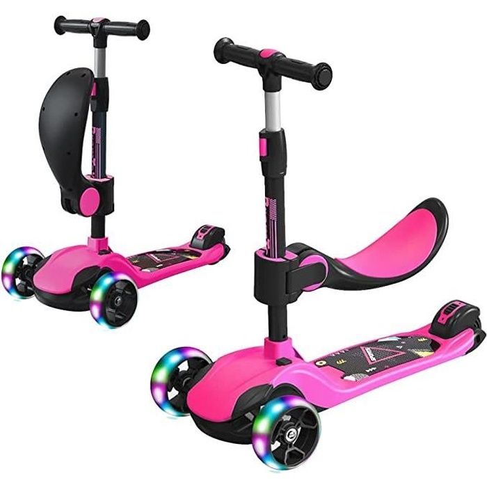 Stompa Trottinette 2 en 1, pour enfants de 2 à 3 ans, jusqu'à 50 kg, avec siège pliable et roues LED, hauteur réglable, trottinette tricycle pliable