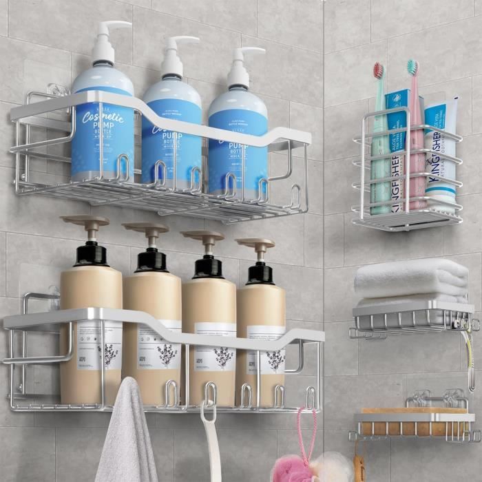Étagère Douche Sans Perçage - 5 Pièces Noir - Acier Inoxydable 304 - Support Jusqu'à 18kg