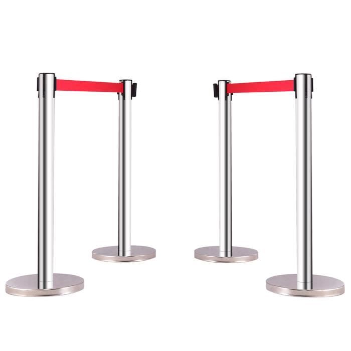 Lot de 4 Poteau de Guidage Barrières de Sécurité en Acier Inoxydable avec Sangle Ajustable Rouge de 2m pour Contrôler des Foules