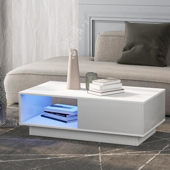 Table basse moderne rectangulaire blanche avec lumière LED 95 x 55 x 32 cm SHOHLORS