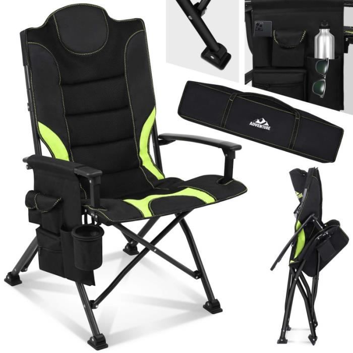 Chaise de camping pliante charge 150kg avec porte gobelet Noir-Vert Chaise de camping pliante charge 150kg avec porte gobelet Noir-Vert