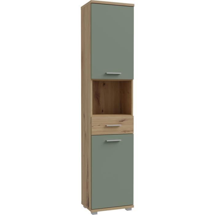 Meuble de salle de bain - Colonne - Décor Chêne et Vert sauge - 2 portes - L402 x P289 x H1836 cm