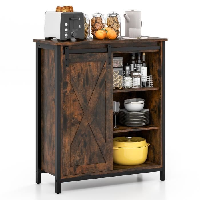COSTWAY Buffet de Cuisine avec Placards et Étagères 1 Porte Façon Grange Style Industriel pour Cuisine Salle à Manger Marron