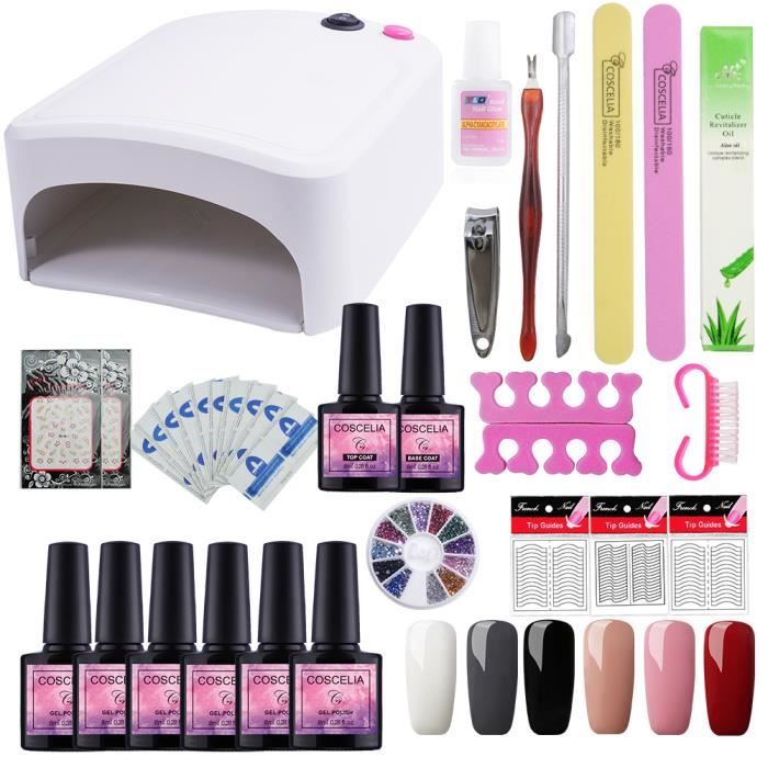 Coscelia Lot De 6 Vernis Semi Permanent Vernis à Ongle Avec 36w Lampe Uv Pour Sécher Top Coat Primer Gel Uv Décor Outils Nail Art