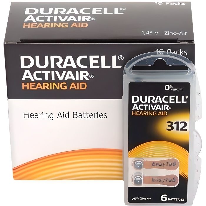 Duracell Easytab/Activair type 312 pour appareils auditifs Zinc Air P312 PR41 ZL3, Lot de 60