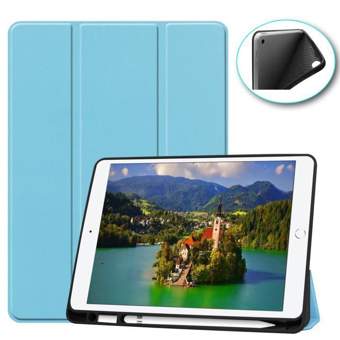 Intelligent Etui Apple iPad 10.2 (iPad 7th Gen) Tablette Protection, PU  Cuir Flip Coque avec Porte-stylo Etui iPad 10.2 Sbleu