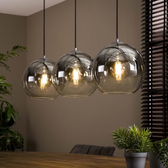 Suspension - HOFSTEIN - Leissigen - Métal Argenté - Abat-jour Verre Fumé - 3xE27 60W Suspension - HOFSTEIN - Leissigen - Métal Argenté - Abat-jour Verre Fumé - 3xE27 60W