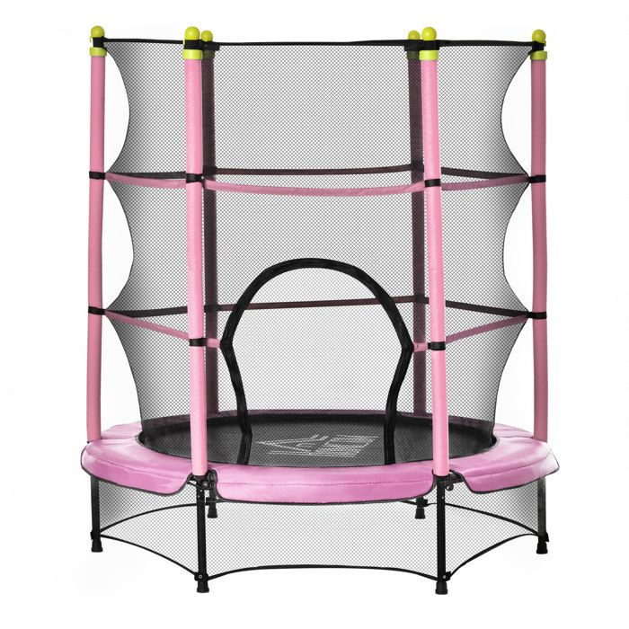 HOMCOM Trampoline Enfant Ø 1,40 × 1,60H m Filet de sécurité Porte zipée Couvre-Ressorts 6 poteaux rembourrés Inclus Rose