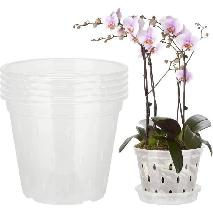 Lot de 5 pots d'orchidées,ITOOBE pots d'orchidées en plastique transparent avec trous et soucoupes, jardinière d'orchidées