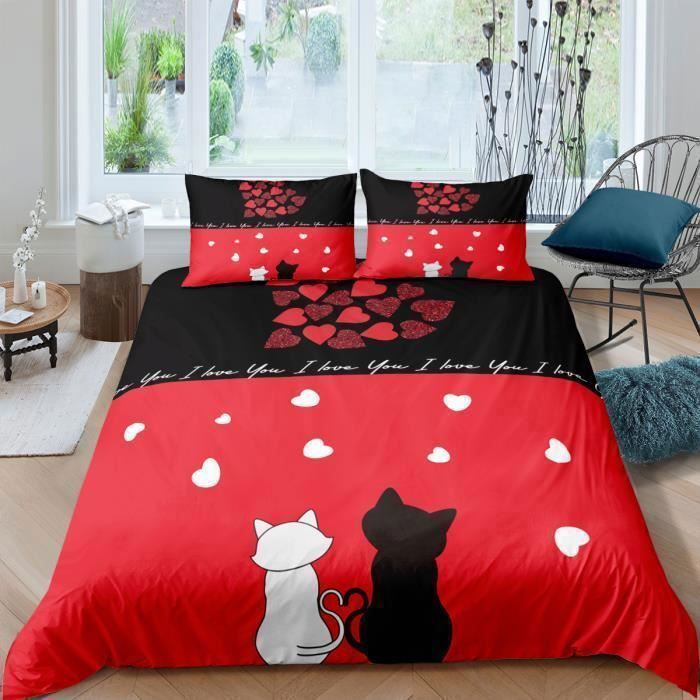 Parure de lit Chats coeurs rouge et noir créatif 220*240 cm 3 pieces 1 housse de couette et 2 taies doreillers 63*63cm