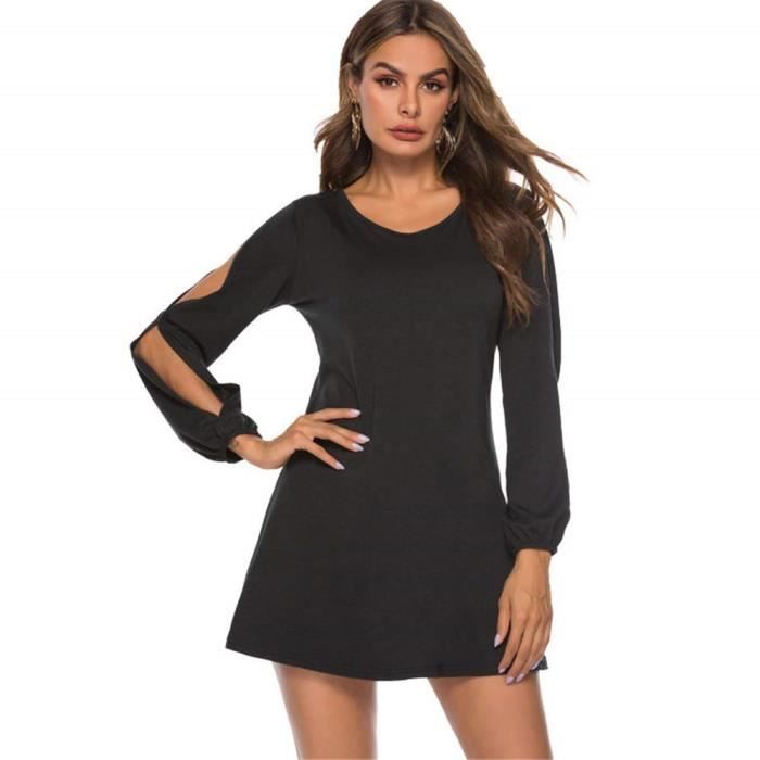 Partyu Robe Mi Longue Fluide A Manches Courtes Femme Avec Ceinture Noir Cdiscount Pret A Porter