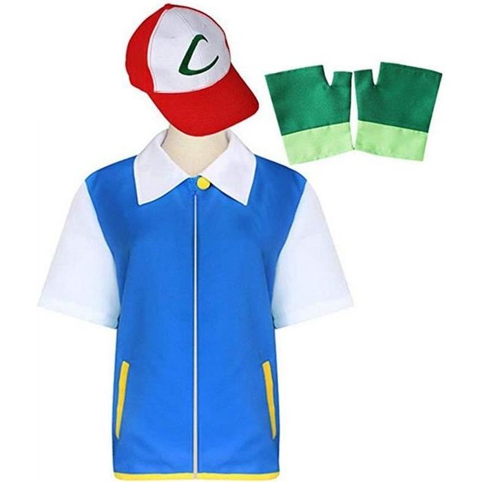 Déguisement Ash Ketchum Enfant Cosplay Costume avec Chapeau et Gants