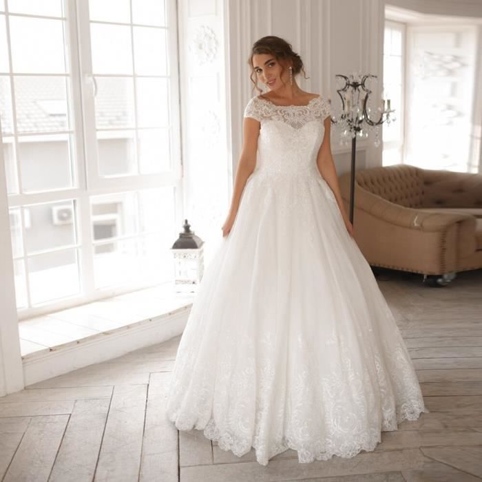 Robe de Mariée en Dentelle Coupe A-Line/Princess à Col en V et Longueur Thé