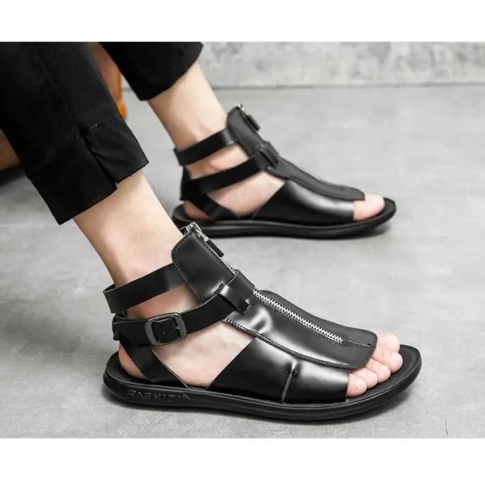 Sandales Randonnée Cuir Homme - Orteils Ouverts, Semelle Antidérapante, Velcro Ajustable, Pour été Outdoor