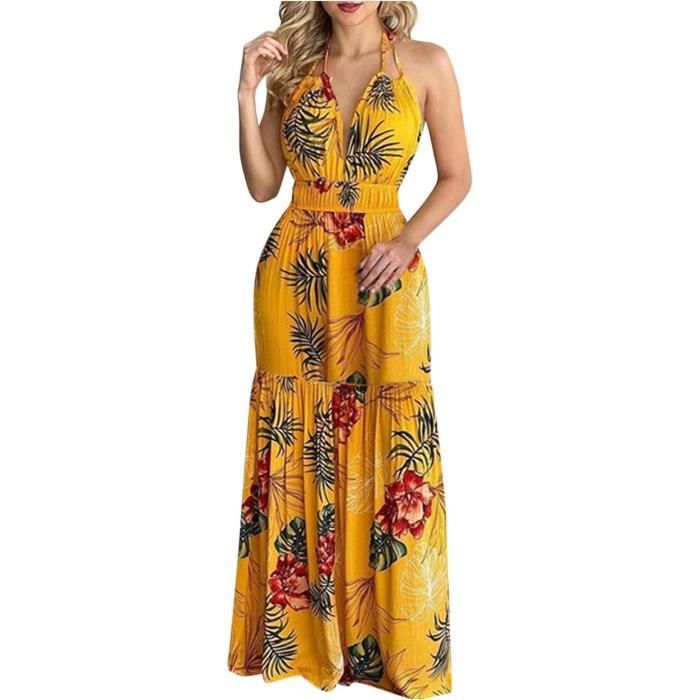 Robe longue femme sans manches à imprimé tropical
