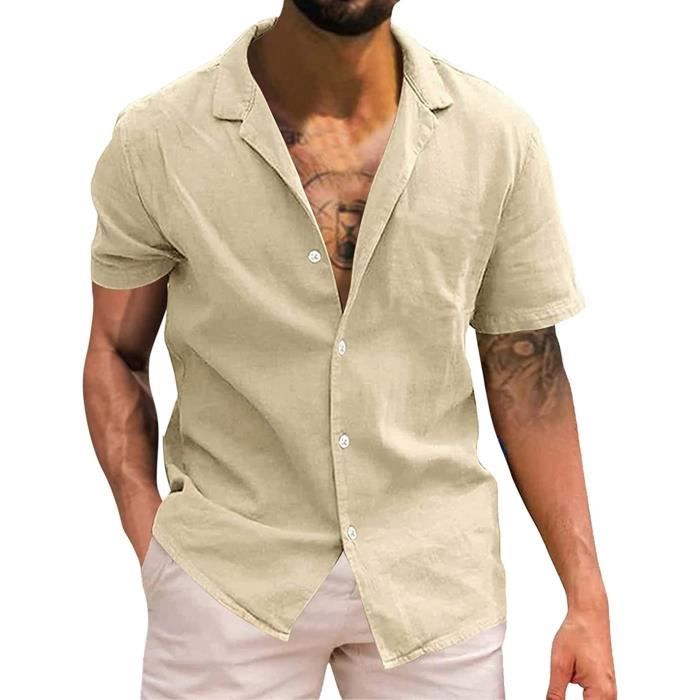 Alimens & Gentle - Chemise à Manches Courtes En Lin De Style Decontracte Legere Et Boutonnee Pour Homme Haut Dete Pour Plage Blanc T Grand