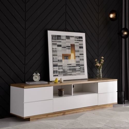Meuble TV 180 Cm Avec 4 Portes Et 2 Tiroirs - Design épuré, Pieds En Bois Naturel, Rangement Optimisé Pour Salon Moderne
