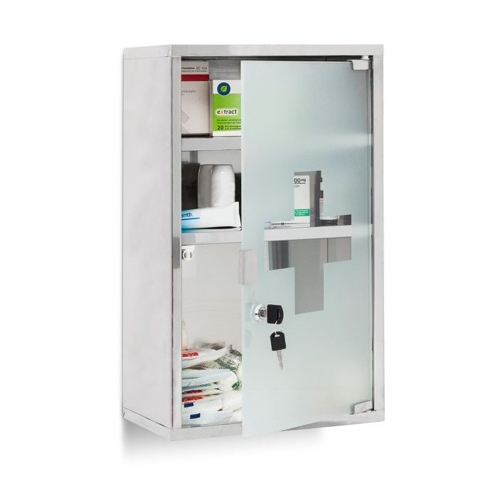 Relaxdays Armoire à pharmacie EMERGENCY étagère à médicaments XL acier inox HxLxP: env. 50 5 x 30 x 18 cm argenté
