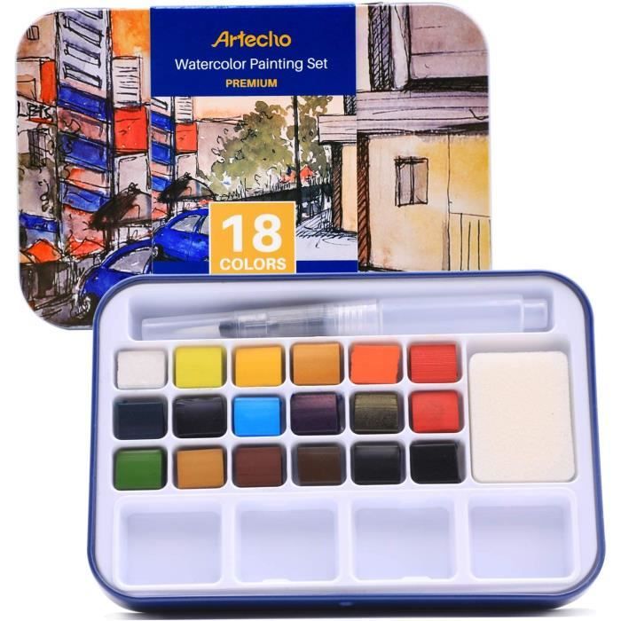 Artecho Kit de peinture aquarelle avec 18 couleurs vives, y compris un  pinceau à eau, une éponge et un nuancier vierge en papier83 - Cdiscount  Beaux-Arts et Loisirs créatifs