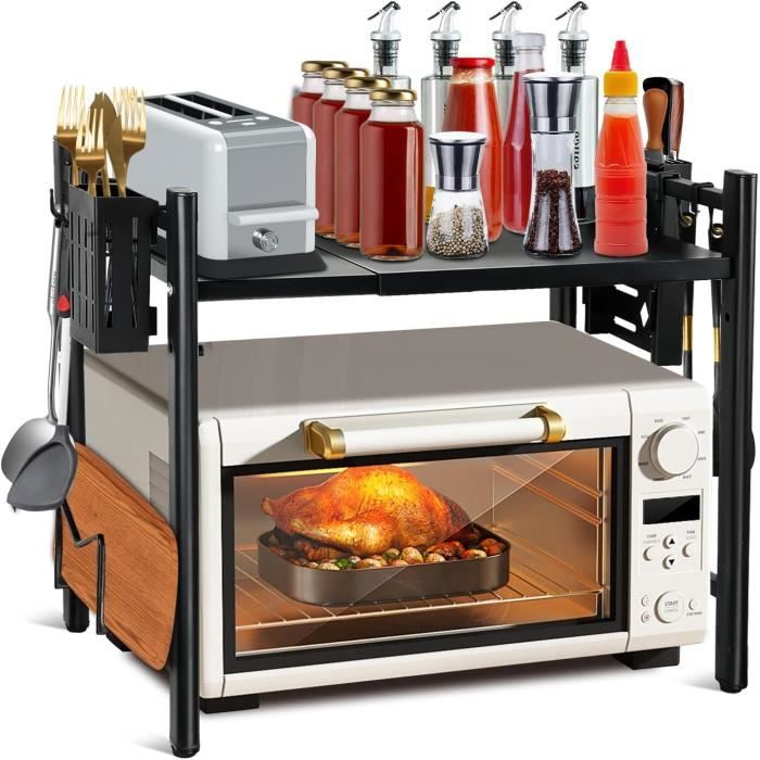 Étagère Extensible 2 Niveaux Pour Four Micro-ondes - Hauteur Et Longueur Réglables, Organiseur Cuisine Noir