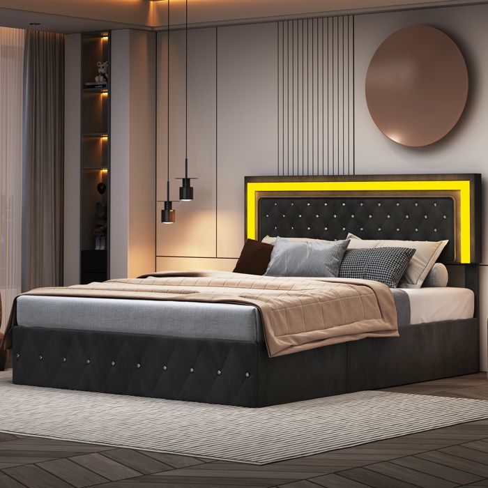 Lit Double 160x200 Avec Rangement Hydraulique – Tête De Lit Capitonnée LED – Velours Beige – Cadre Bois Et Métal