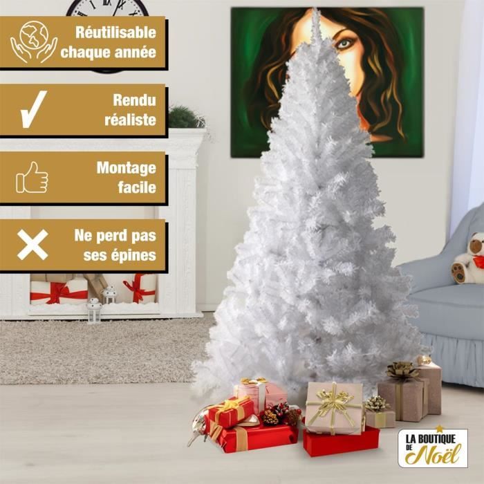 Sapin de Noël Blanc artificiel 180 cm avec 533 branches et pied support -  Le Poisson Qui Jardine