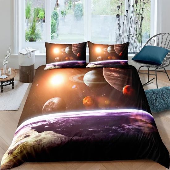 Parure De Lit 3 Pièces Imprimée Galaxie Planètes – Thème Spatial, Vue Terre Depuis La Lune – Housse De Couette + Taies D'oreiller - 13